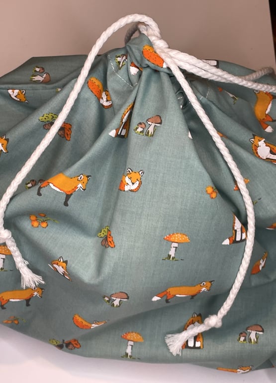 Large fox, fungi and acorns rope tied gift or storage bag