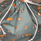 Large fox, fungi and acorns rope tied gift or storage bag