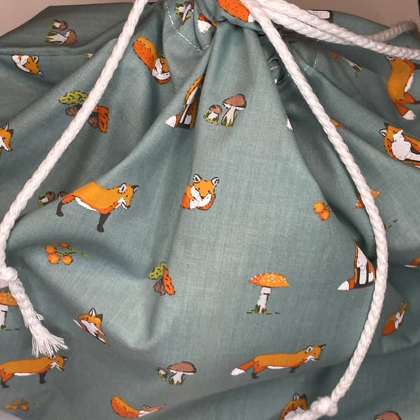 Large fox, fungi and acorns rope tied gift or storage bag