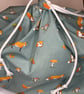 Large fox, fungi and acorns rope tied gift or storage bag
