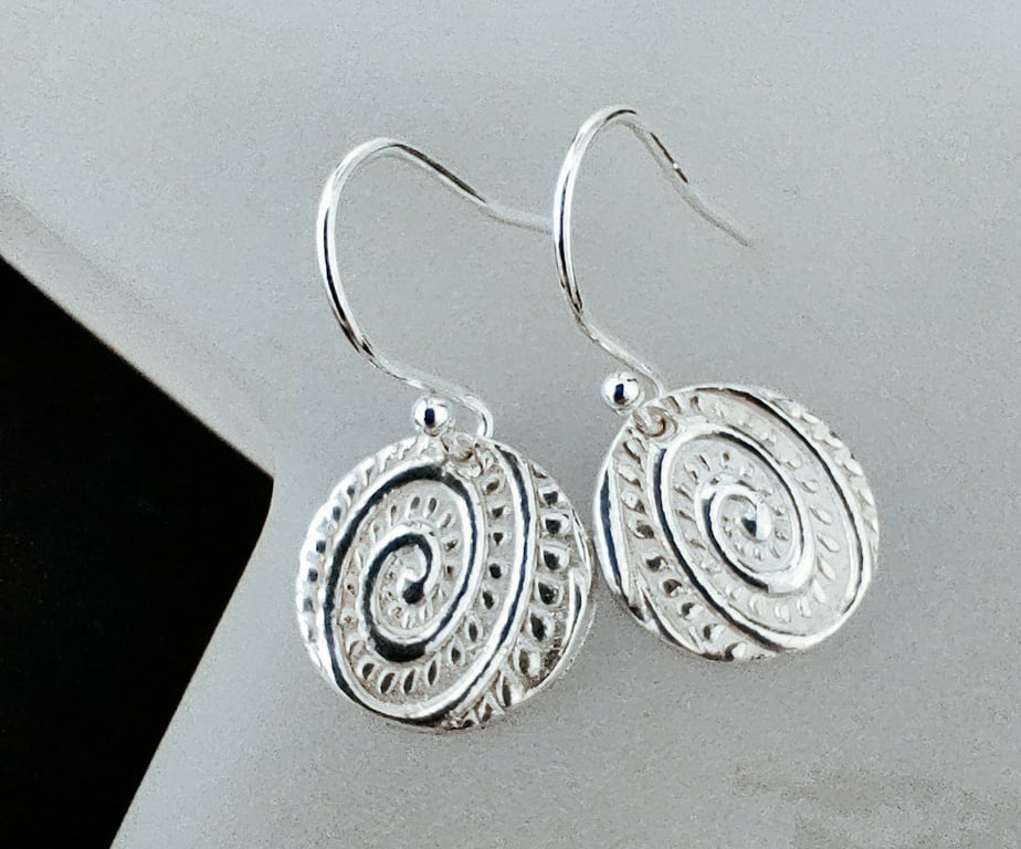 Handmade Fine Silver Drop Earrings - Fiddlehead Design