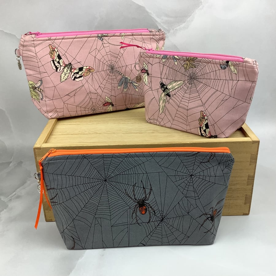 Spiders web makeup bag, Gothic zip bag, 2 pattern and size options, Handmade