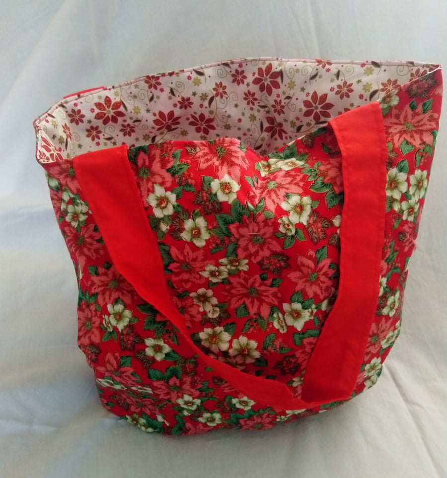 Reversable Red Poinsettia and Flower Design Tote Bag