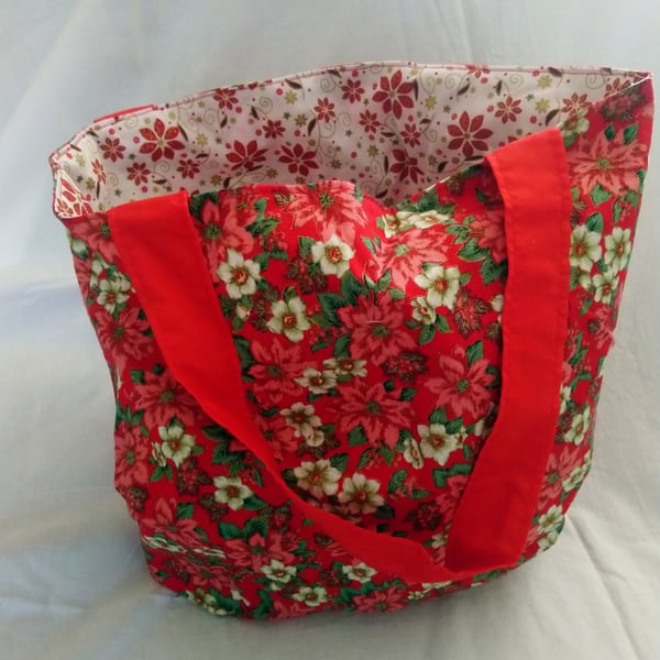 Reversable Red Poinsettia and Flower Design Tote Bag