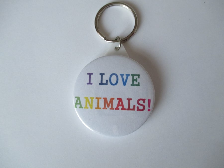 Keyring I Love Animals  Pin Badge Set Rainbow Text Gift Key Ring 