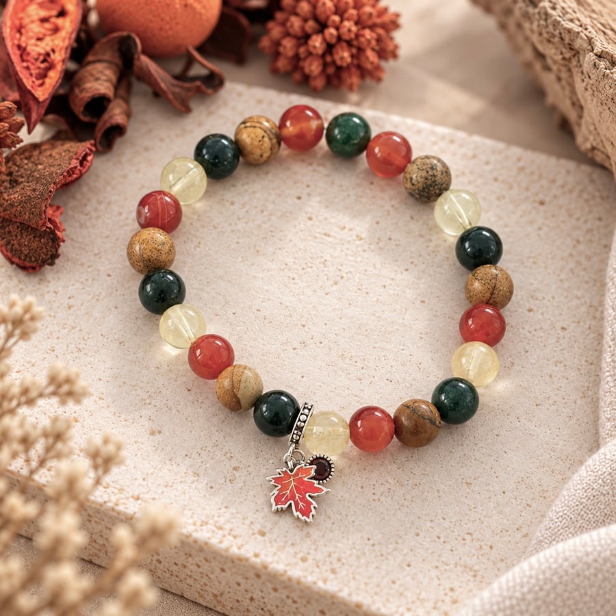 Autumn's Treasure – Gemstone Bracelet with Sterling Silver Maple Leaf Charm