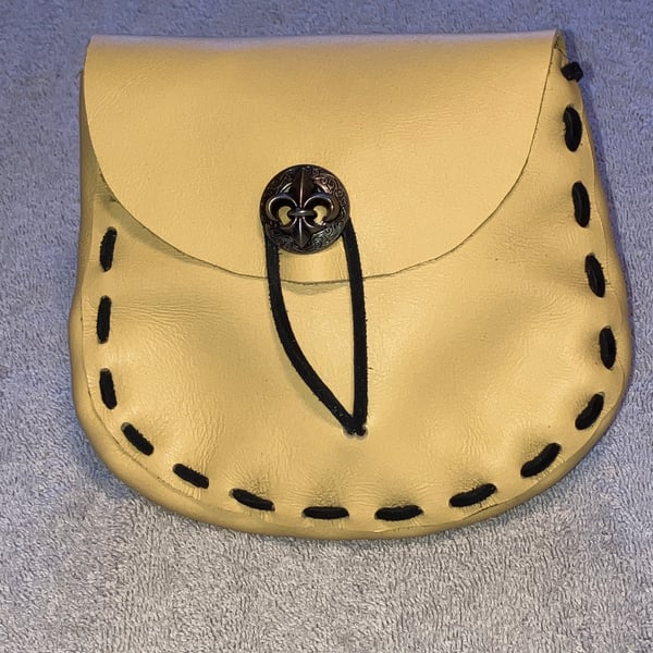 Yellow Coloured Leather Medieval Style Pouch with Fleur de Lis Closure