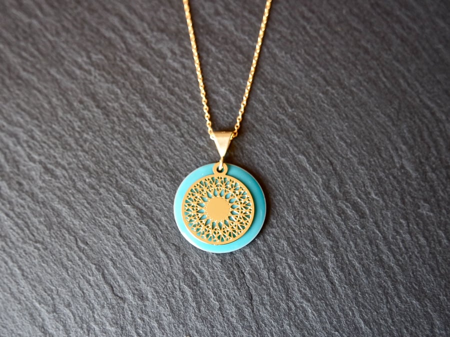 Turquoise Enamel Mandala Necklace - Gold Vermeil 925 Sterling Silver 