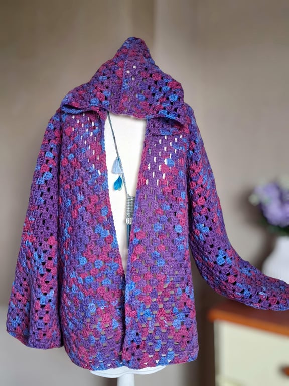 Handmade Crochet Festival Vibes Hexi Jacket. Grape Blue. Size M-L