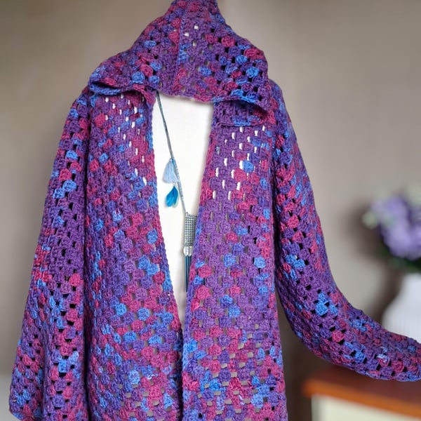 Handmade Crochet Festival Vibes Hexi Jacket. Grape Blue. Size M-L