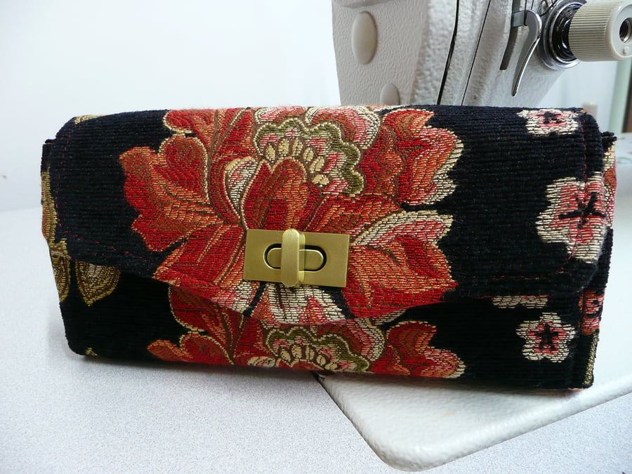  Wallet, ladies purse, orange and black floral purse, chenille purse,