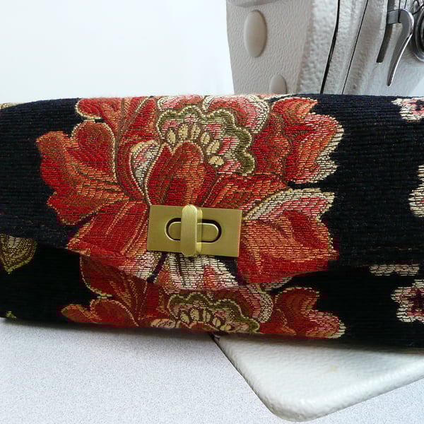  Wallet, ladies purse, orange and black floral purse, chenille purse,