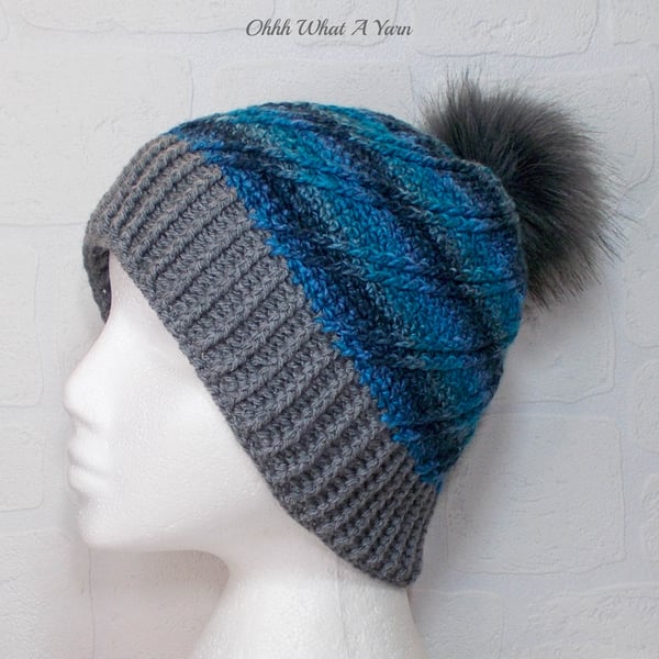 Crochet hat, beanie. Blue and grey ombre ladies swirl pom pom hat. Ladies hat.