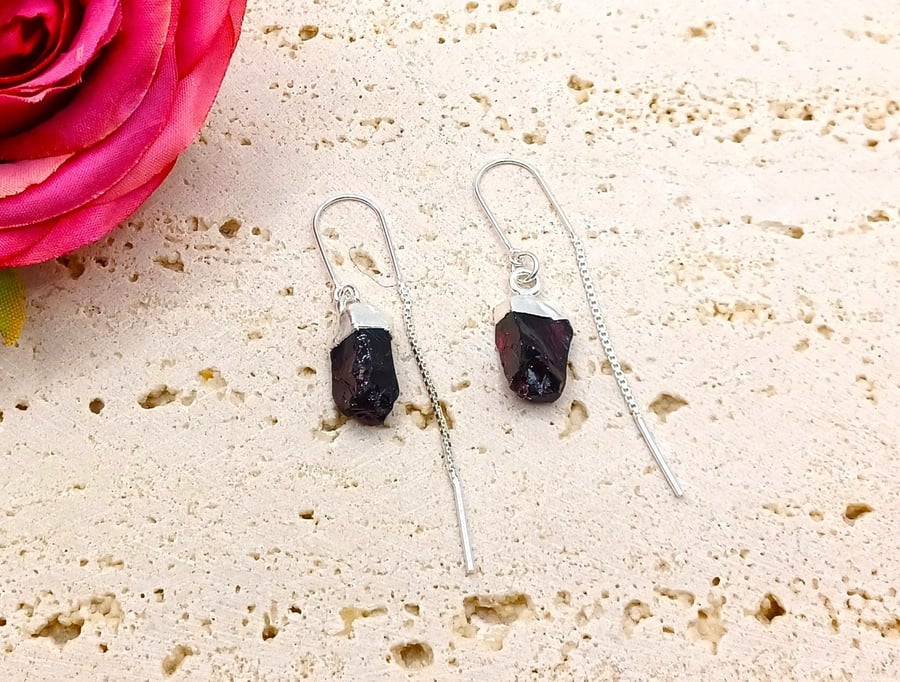 Garnet Threader Earrings, Sterling Silver Earrings, Statement Earrings, July Bir