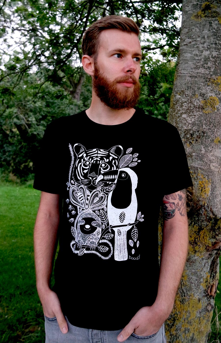 Bamboo Mens Jungle T-shirt featuring a sloth, tiger and toucan.