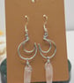 Silver Wire Crescent Moon and Rose Quartz Dangle Earrings, Sterling Silver Hooks - Image 2