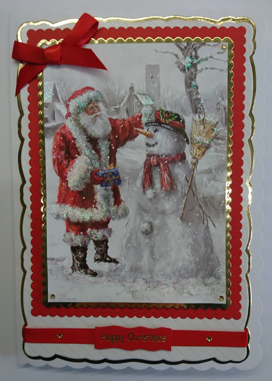 Handmade Christmas Card Santa Old St Nick and Snowman