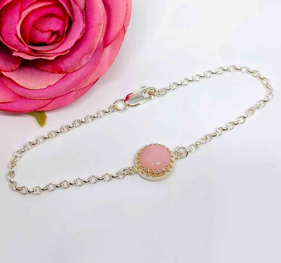 Pink Opal Cabochon, Gemstone Sterling Silver Stacking Bar Bracelet, Opal and Sil