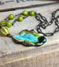 Handmade Turquoise and Lime Ceramic Leaf Necklace with Antique Brass Chain - Image 3
