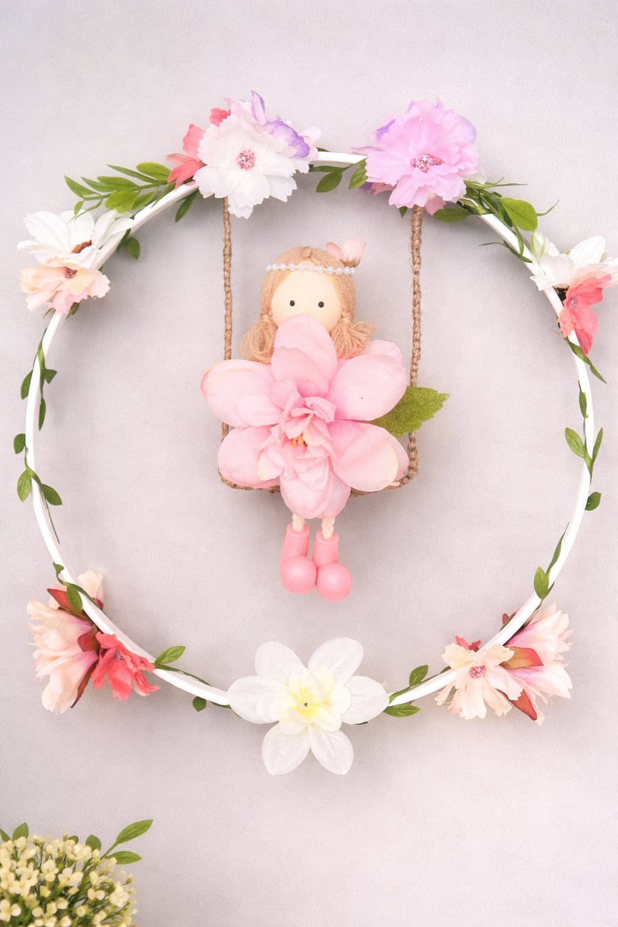 Fairy Nursery Wall Decor Floral Hoop Wall Art 26cm Matt White Handmade Hoop