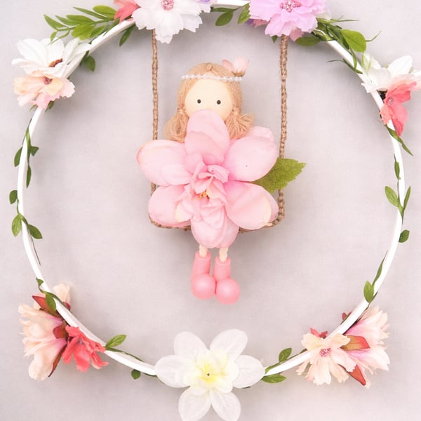 Lilly Fairy Nursery Wall Decor Floral Hoop Wall Art 26cm Matt White Handmade