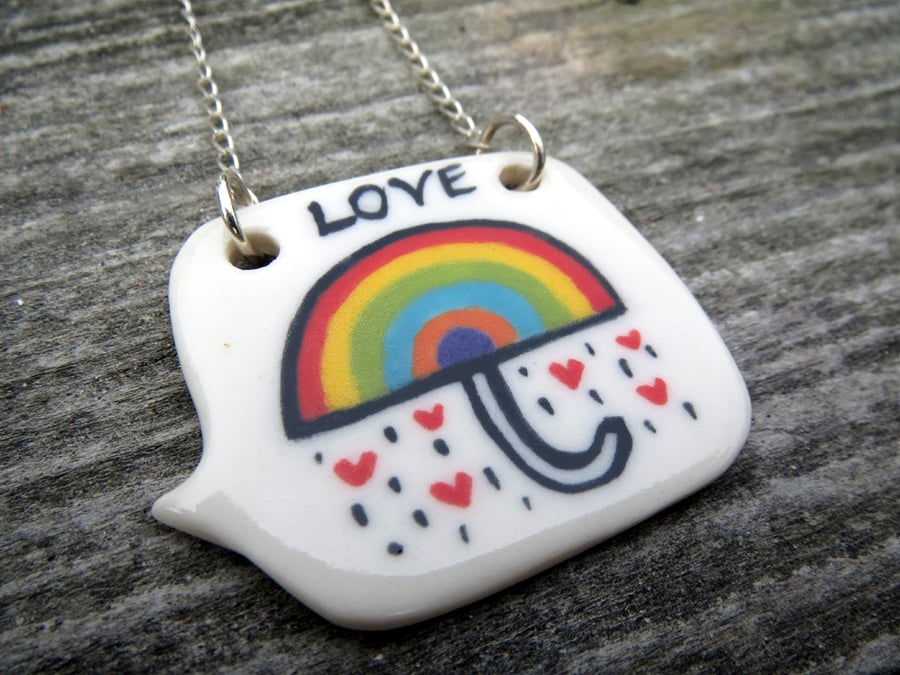 Rainbow Love Speech Bubble Porcelain Pendant Necklace