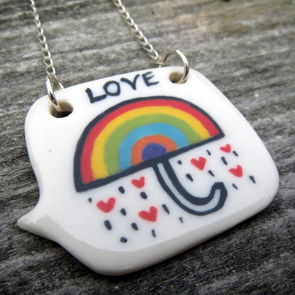 Rainbow Love Speech Bubble Porcelain Pendant Necklace