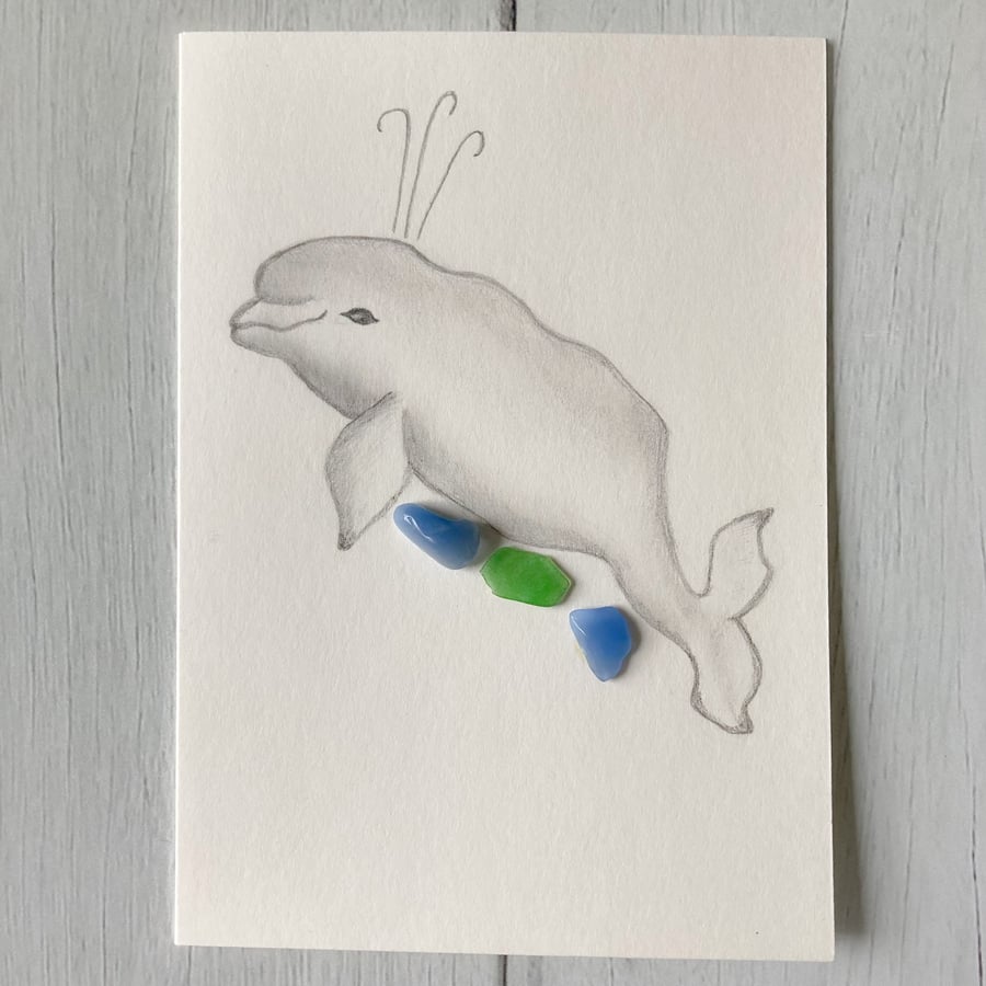 SALE-Hand drawn ‘Beluga’ greeting card with Cornish sea glass 