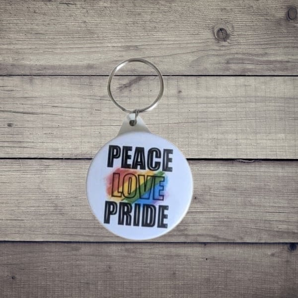 Peace, Love Pride Keyring with a Rainbow Design