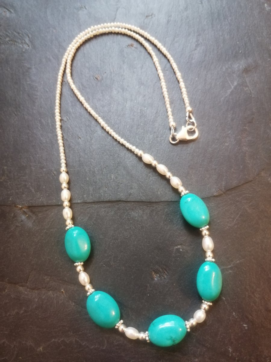 Turquoise, Pearl and Sterling Silver Necklace