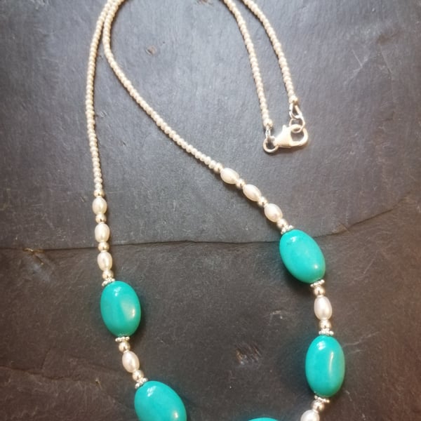 Turquoise, Pearl and Sterling Silver Necklace