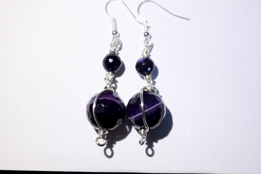 Purple banded agate and silver wire wrapped dangle earrings