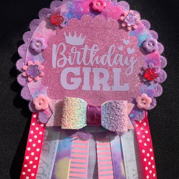 Birthday badge-Rosette - Birthday Girl - Pretty Glitter and Bow