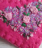 SOLD - Hand Embroidered Floral Heart Brooch on Cerise Pink Wool Felt - Image 5