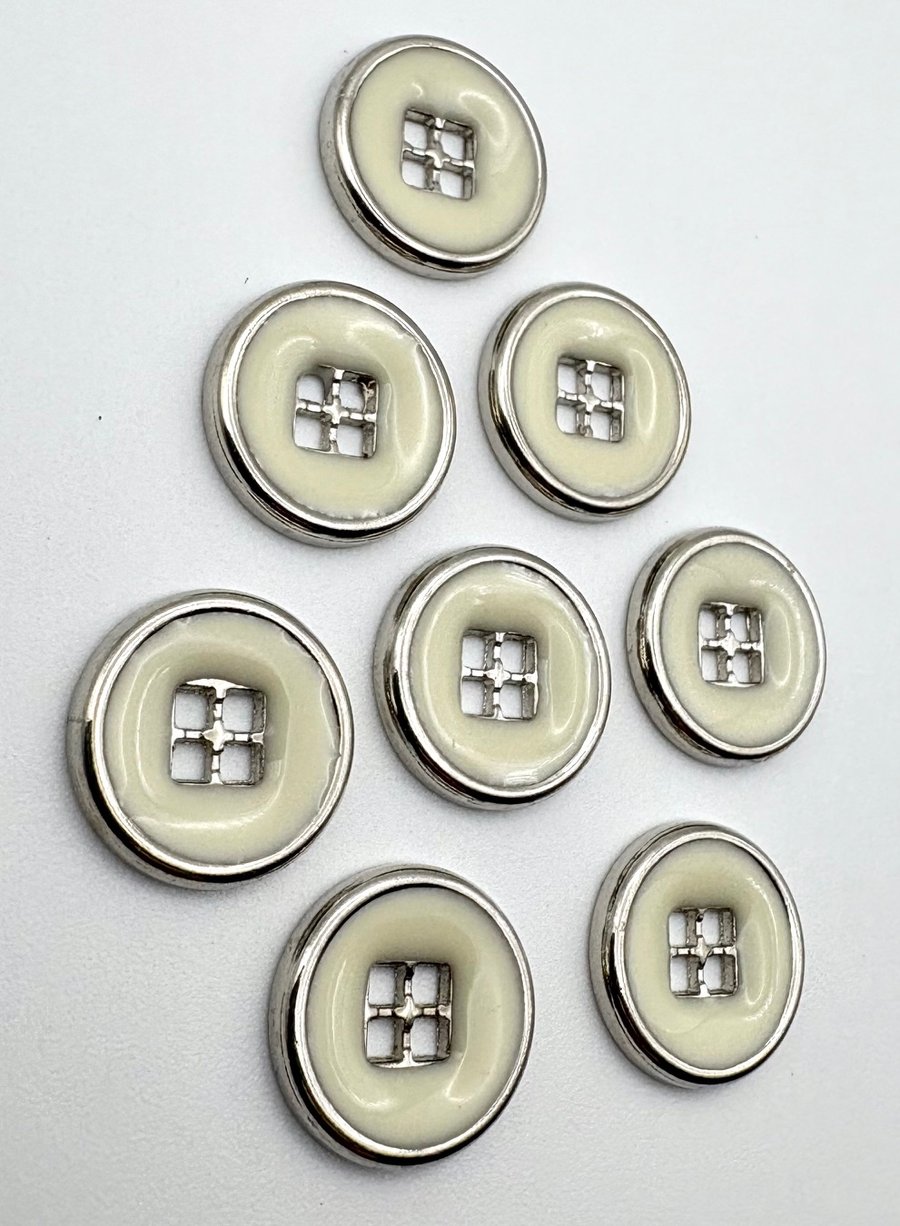 8 Cream Enamel Insert Metal Buttons, Silver Rim 15mm Wide, LARP