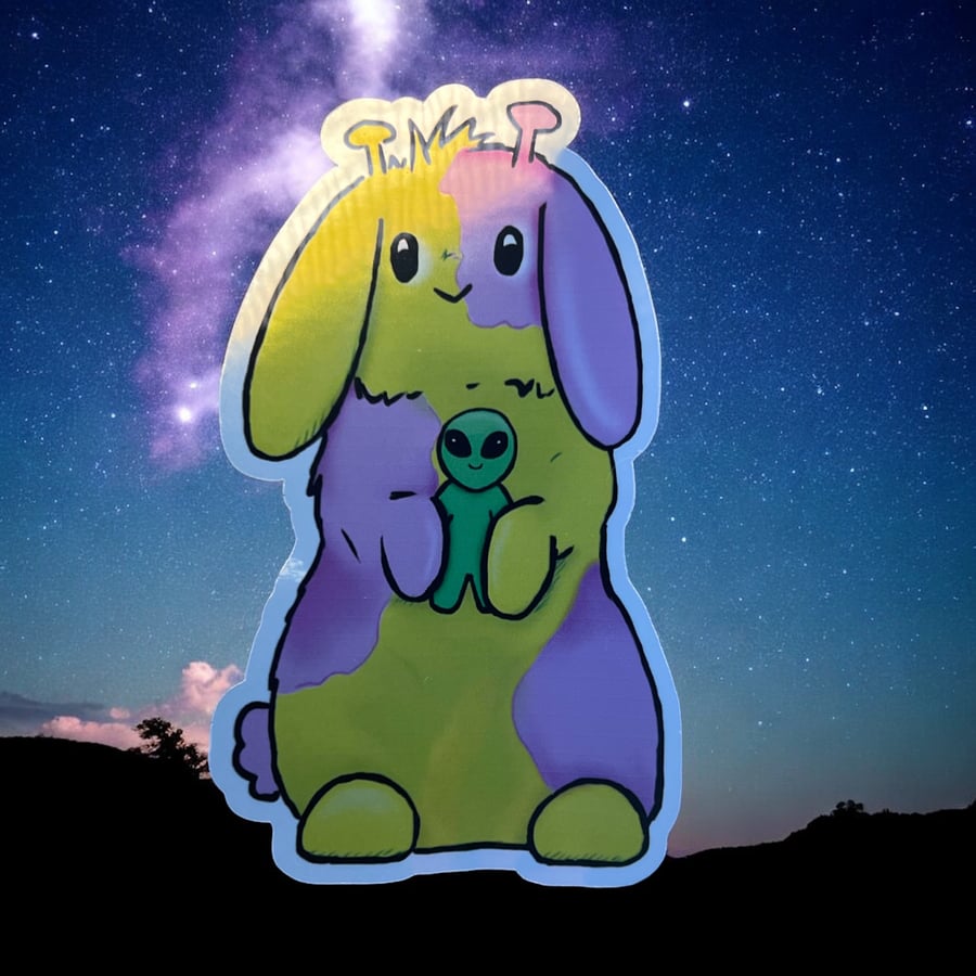 Silver pearlescent alien bunny sticker large