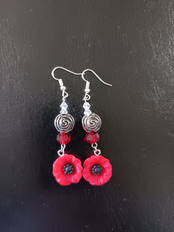 Red and silver poppy charm dangle earrings with chunky beads 