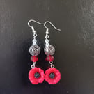 Red and silver poppy charm dangle earrings with chunky beads 