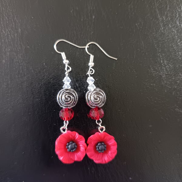 Red and silver poppy charm dangle earrings with chunky beads 
