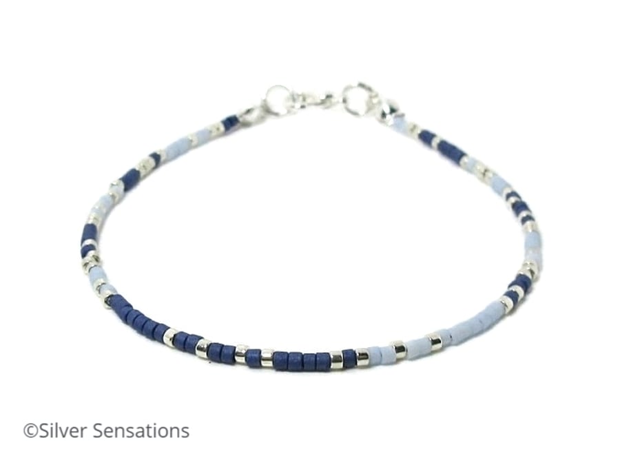 Dark Blue, Light Blue & Silver Seed Beads Beach Anklet - 12"