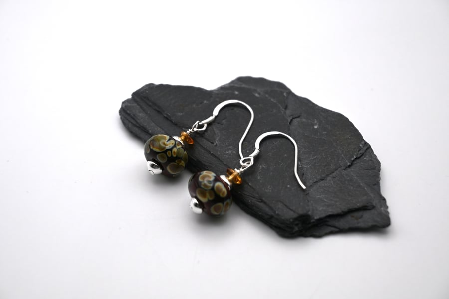 lampwork glass brown raku and Citrine earrings