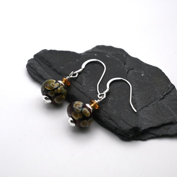 lampwork glass brown raku and Citrine earrings