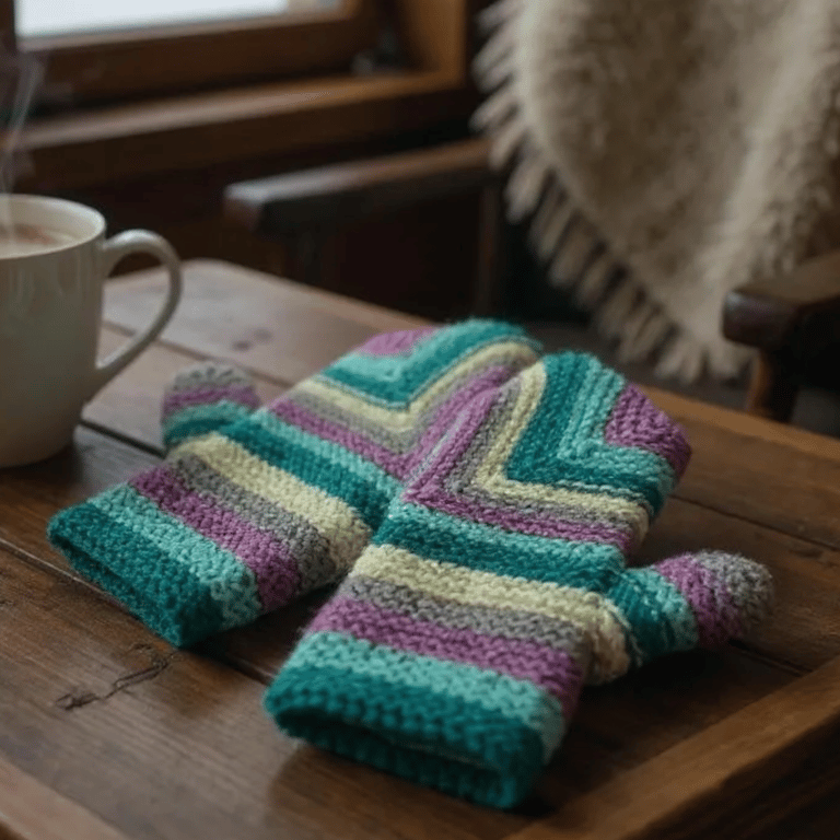 Wool striped mittens - lilac and turquoise