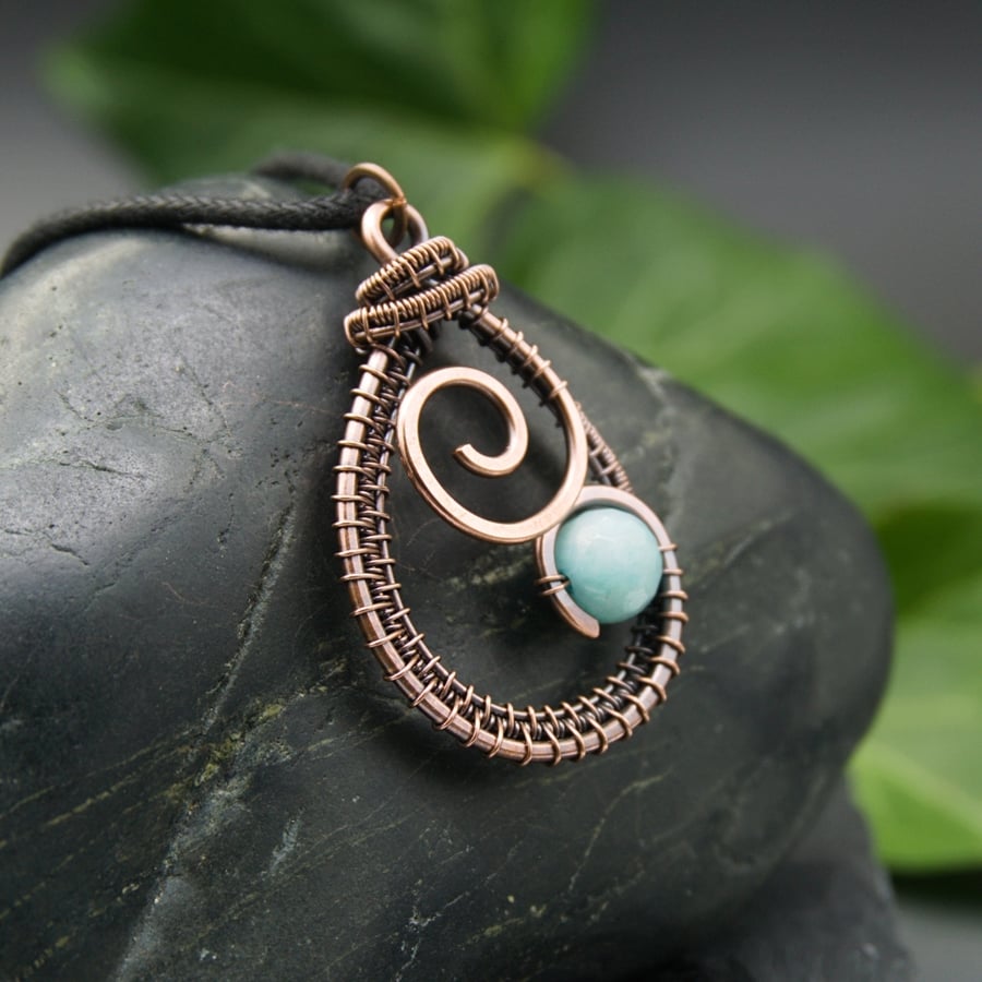 Copper Wire Weave Spiral Drop Pendant with Faceted Mint Green Jade Bead