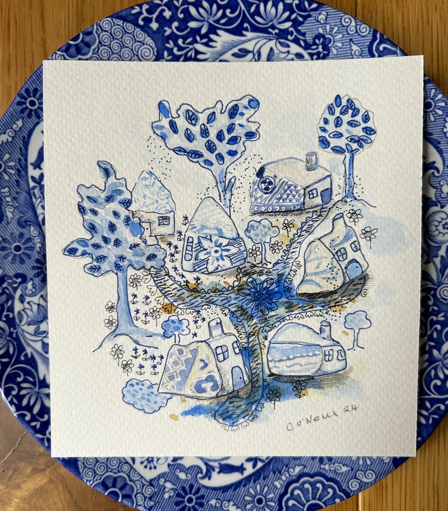 Beach Pottery Village - Original watercolour and ink Painting