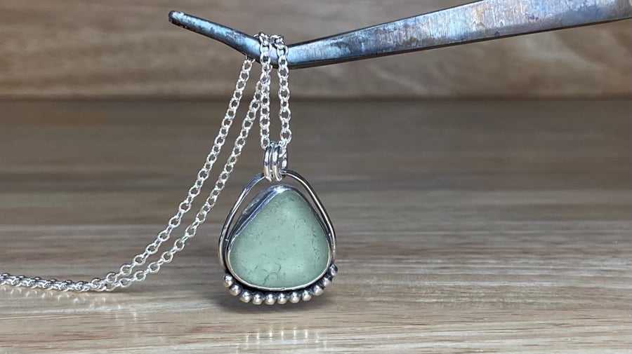 Handmade welsh pale sage green sea glass & silver beaded pendant & silver chain 