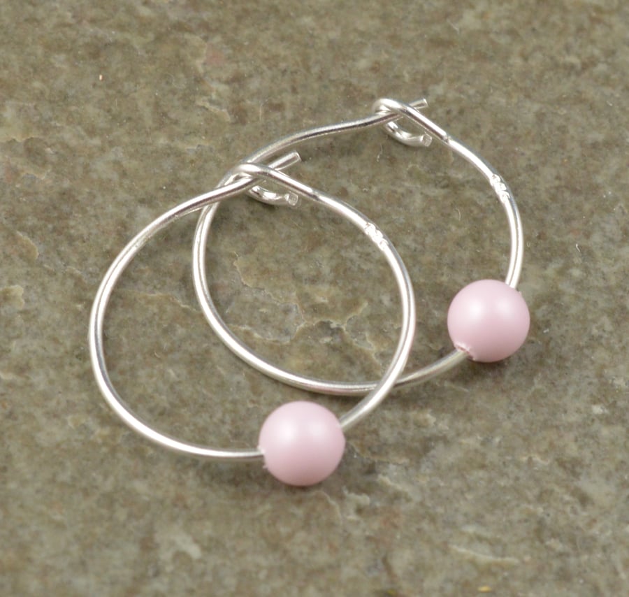 Boho Pastel Rose Pink Swarovski Crystal Pearl 15mm Sterling Silver Hoop Earrings