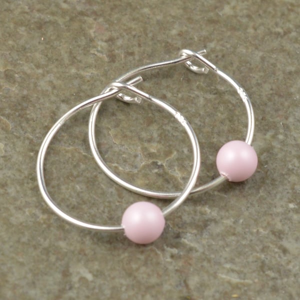 Boho Pastel Rose Pink Swarovski Crystal Pearl 15mm Sterling Silver Hoop Earrings