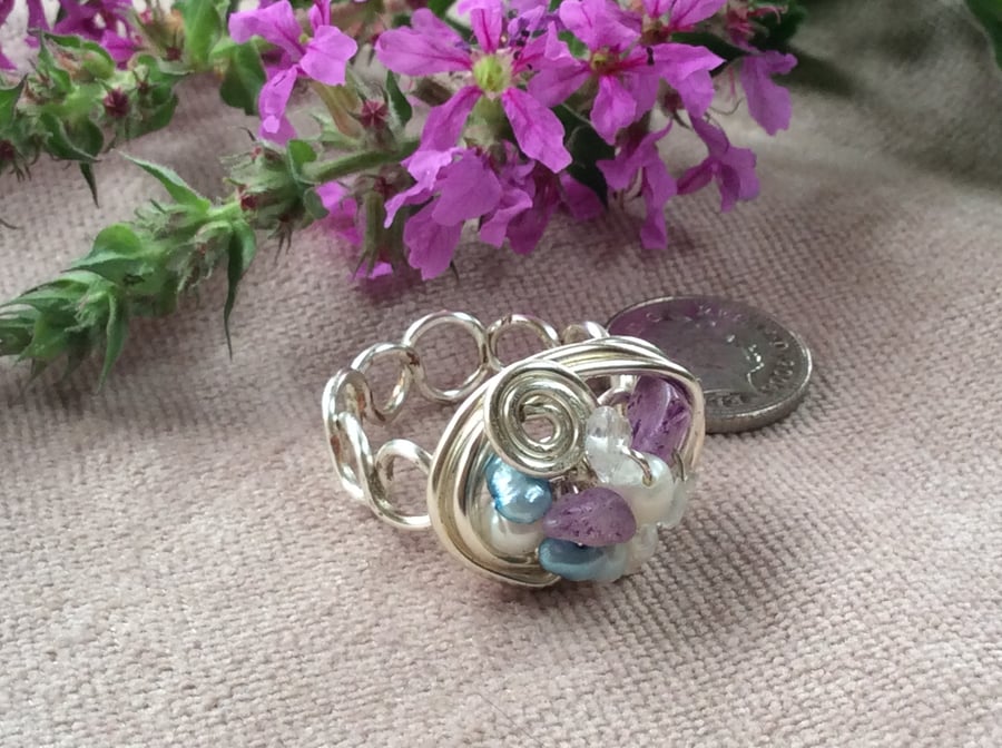 Silver Plated Wire Nest Ring Amethyst and Turquoise 