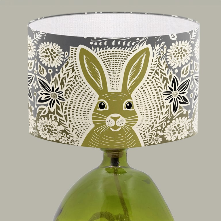 Rabbit Lino Print Lampshade - Green Grey Lino Print Lampshade - Rabbit Print